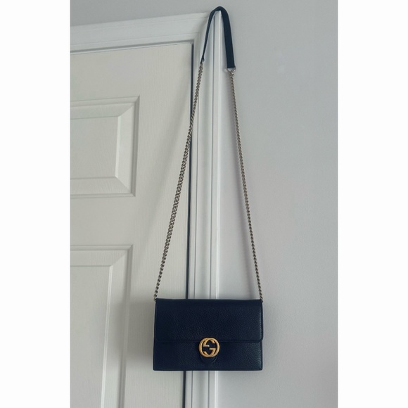 Authentic Gucci Dollar GG Interlocking Black Leather Chain Crossbody Clutch Bag - Picture 10 of 11